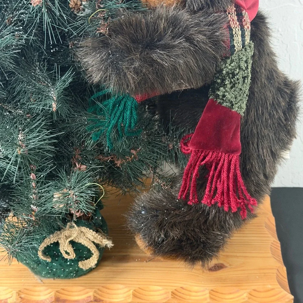 Vtg Dan Dee Bear Hugging Christmas Holiday Tree Decor On Wood Base Large Lg 28in